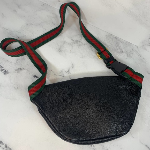 ❌❌ GUCCI Bumbag Belt Bag Black Grained Calfskin Small GG Logo Crossbody Stripe - Picture 4 of 13